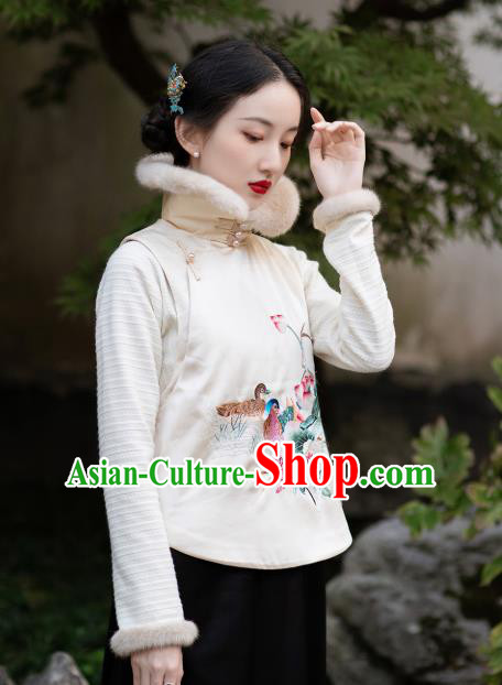 Chinese Tang Suit Embroidered Mandarin Duck Waistcoat Traditional National Women Clothing Classical White Vest