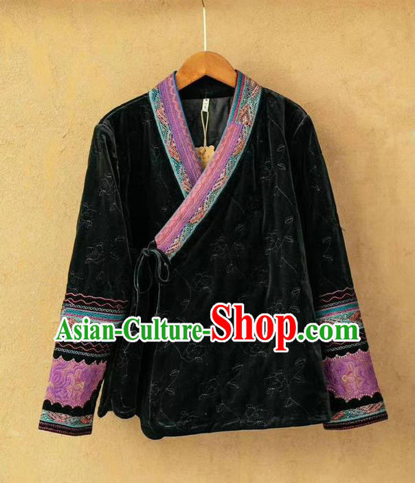 China National Black Velvet Cotton Padded Jacket Traditional Winter Costume Women Tang Suit Embroidered Over Coat