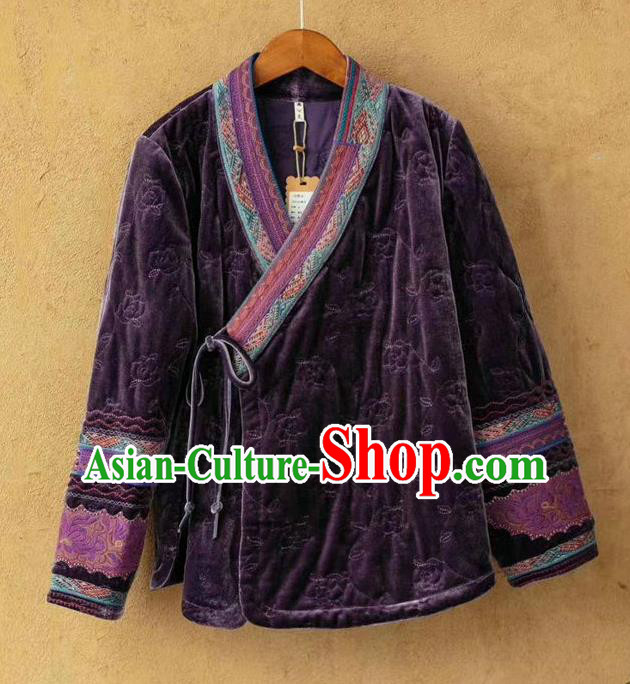 China Traditional Winter Costume Women Tang Suit Embroidered Over Coat National Purple Velvet Cotton Padded Jacket