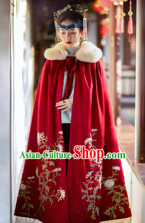 Chinese Traditional Qing Dynasty Costume Ancient Court Lady Embroidered Red Cloak