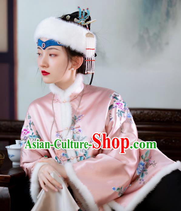 Chinese Qing Dynasty Noble Lady Pink Cotton Padded Jacket Traditional Embroidered Silk Coat for Women