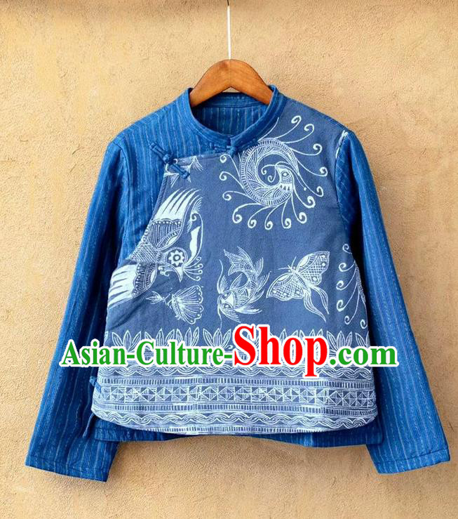 China National Blue Flax Shirt Traditional Batik Costume Tang Suit Women Blouse