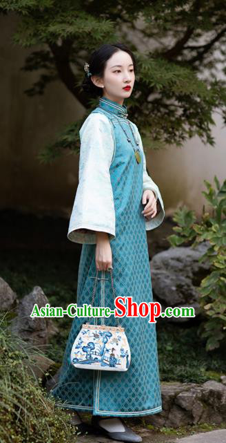 Traditional Women Costume Chinese National Cheongsam Republic of China Classical Blue Silk Qipao Dress