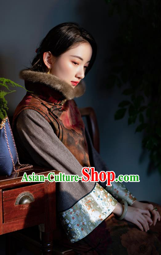 Chinese Traditional Women Costume National Cheongsam Republic of China Classical Peony Pattern Brown Silk Qipao Dress