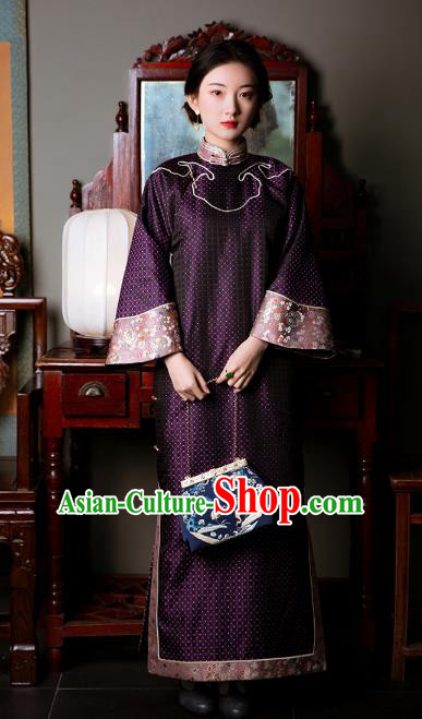 Chinese National Women Cheongsam Traditional Costume Republic of China Classical Purple Silk Qipao Dress