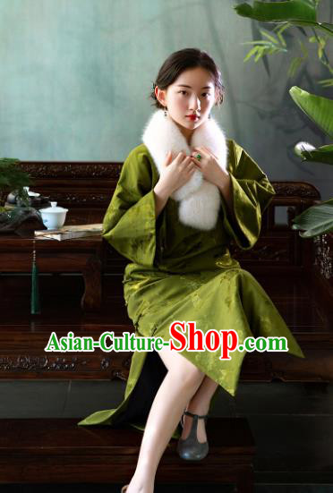 Republic of China Traditional Costume Classical Green Satin Qipao Dress National Women Cheongsam