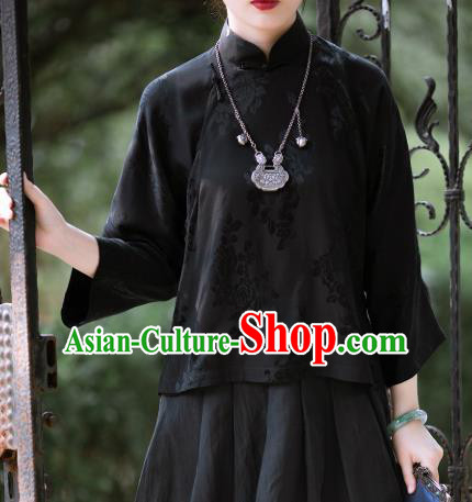 Chinese Traditional Black Silk Blouse Tang Suit Upper Outer Garment National Shirt for Women