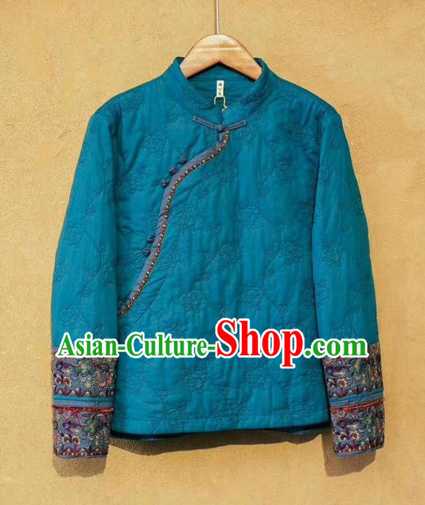 China National Upper Outer Garment Traditional Costume Tang Suit Women Blue Cotton Padded Jacket