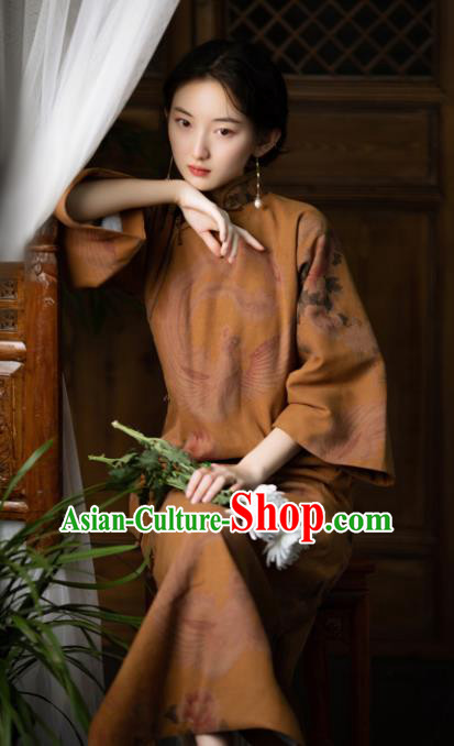 Republic of China Classical Yellow Silk Qipao Dress Women Cheongsam Traditional National Costume