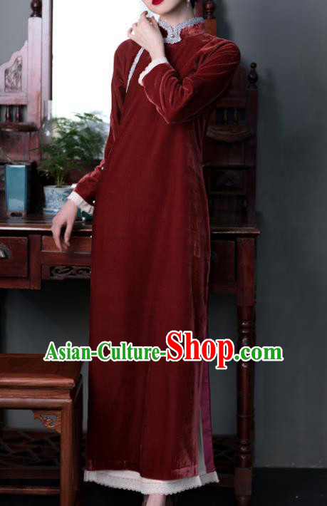 Republic of China Women Cheongsam Traditional National Costume Classical Wine Red Velvet Qipao Dress