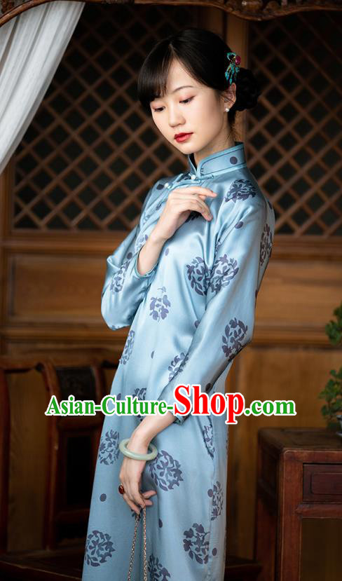 Republic of China Classical Blue Silk Qipao Dress Traditional National Costume Women Cheongsam