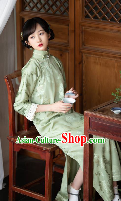 Republic of China Classical Qipao Dress Traditional National Costume Women Light Green Silk Cheongsam