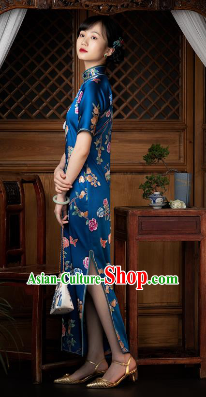 Republic of China Peony Butterfly Pattern Blue Silk Cheongsam Traditional National Costume Classical Women Qipao Dress