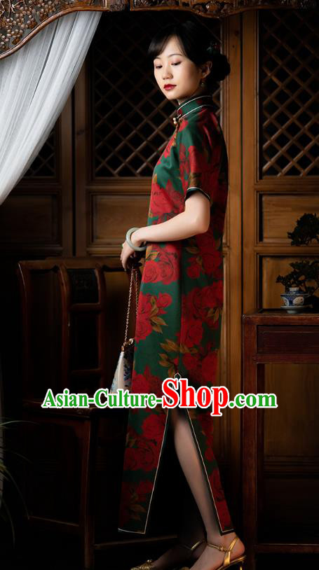 Republic of China Rose Pattern Green Silk Qipao Dress Traditional National Costume Classical Cheongsam