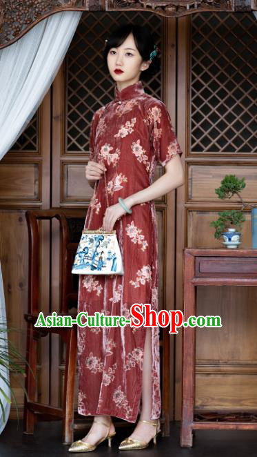 Republic of China Qipao Dress Traditional National Costume Classical Purplish Red Velvet Cheongsam