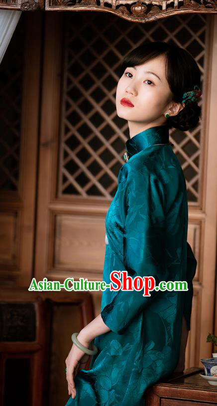 Republic of China Deep Green Silk Qipao Dress Traditional National Costume Asian Classical Cheongsam