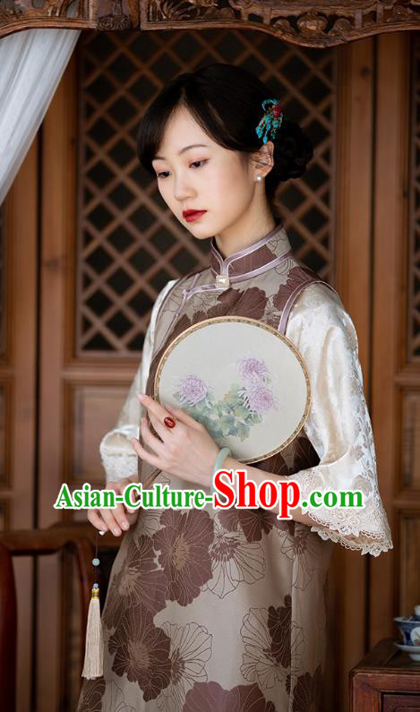 Asian Classical Lotus Leaf Pattern Cheongsam Republic of China Traditional National Costume Brown Silk Qipao Dress