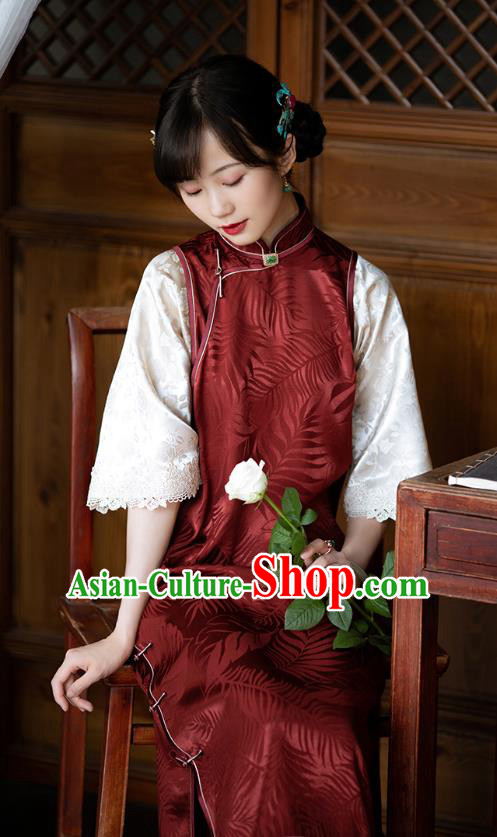 Republic of China Traditional National Costume Asian Classical Pattern Cheongsam Red Silk Qipao Dress