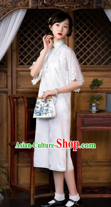 Republic of China Traditional White Silk Qipao Dress Asian Classical Cheongsam National Costume