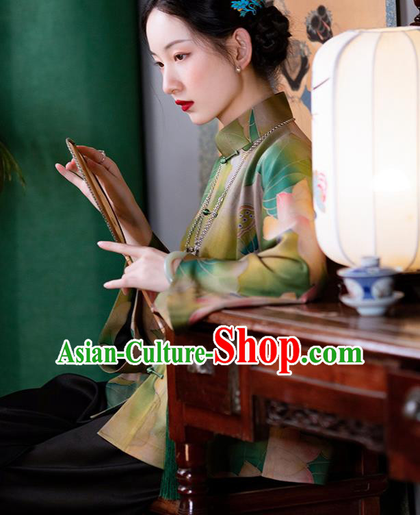 Chinese National Clothing Tang Suit Outer Garment Traditional Lotus Pattern Green Silk Mandarin Jacket for Women