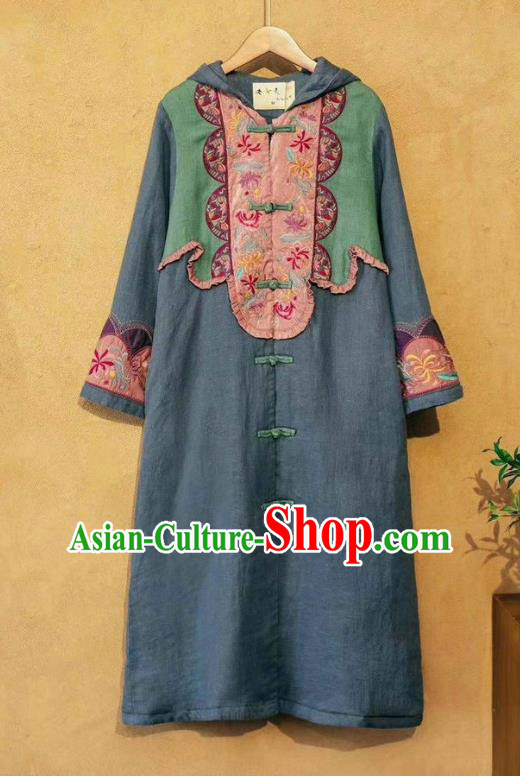 China National Outer Garment Long Coat Tang Suit Women Blue Flax Dust Coat Traditional Embroidered Costume