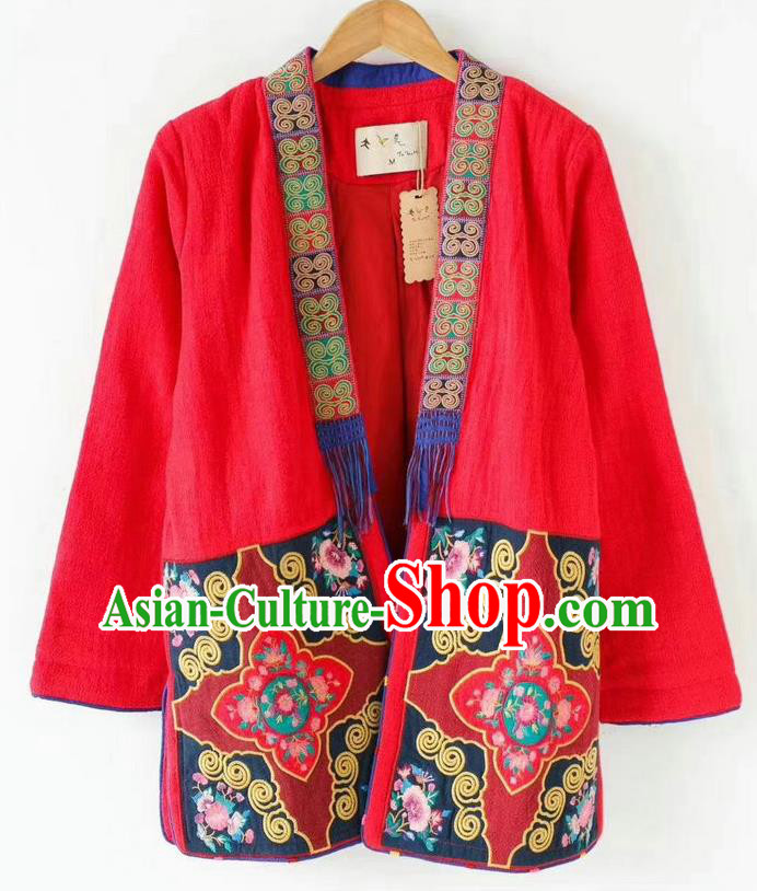 China National Red Flax Jacket Women Coat Traditional Embroidered Costume Tang Suit Outer Garment