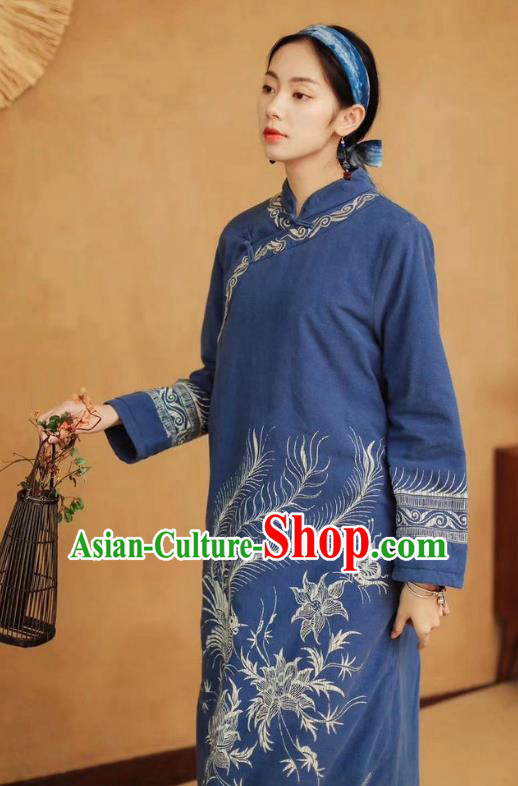 Chinese Retro Batik Blue Qipao Dress Traditional Women Cotton Padded Robe Clothing National Embroidered Phoenix Cheongsam