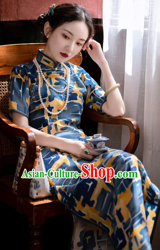 Republic of China Traditional Women Costume Classical Qipao Dress Chinese National Blue Cheongsam