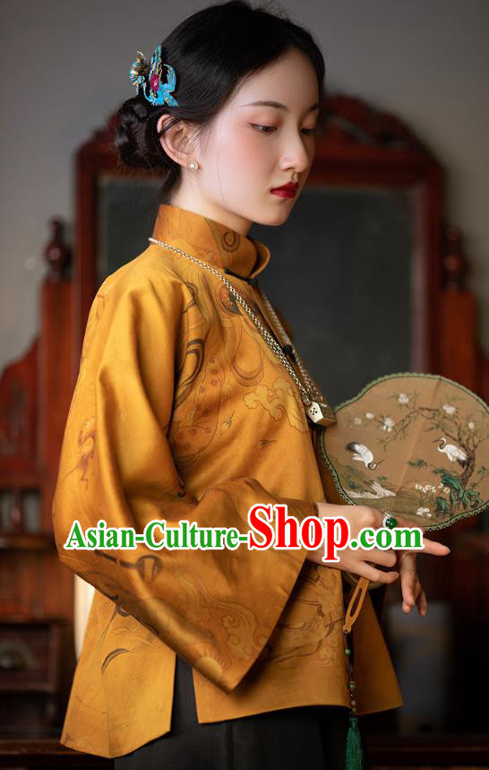 Chinese Traditional Flying Apsaras Pattern Golden Silk Mandarin Jacket National Clothing Tang Suit Outer Garment for Women