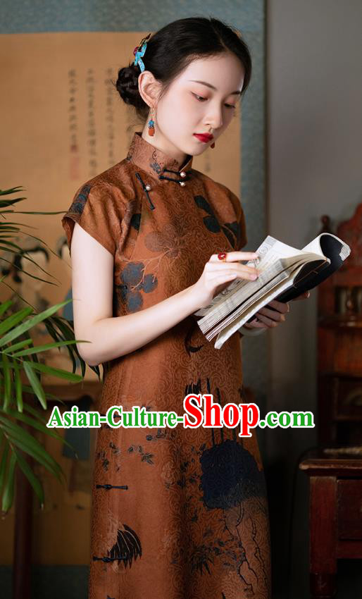 Republic of China Traditional Qipao Dress Chinese National Costume Classical Brown Silk Cheongsam