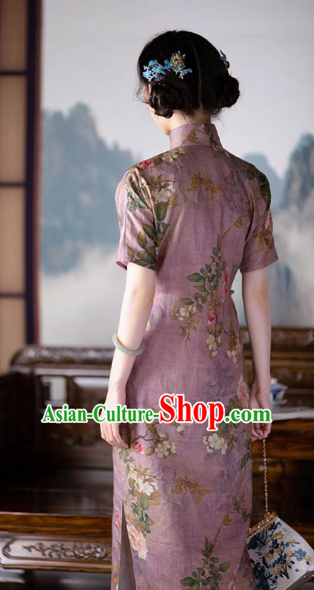 Republic of China Qipao Dress Chinese National Printing Peony Lilac Silk Cheongsam Traditional Costume