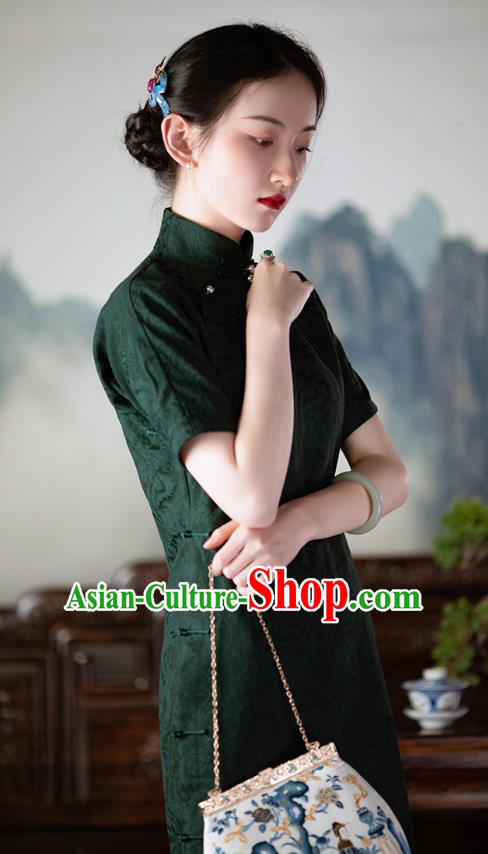 Republic of China Qipao Dress Chinese Traditional Costume National Dark Green Silk Cheongsam