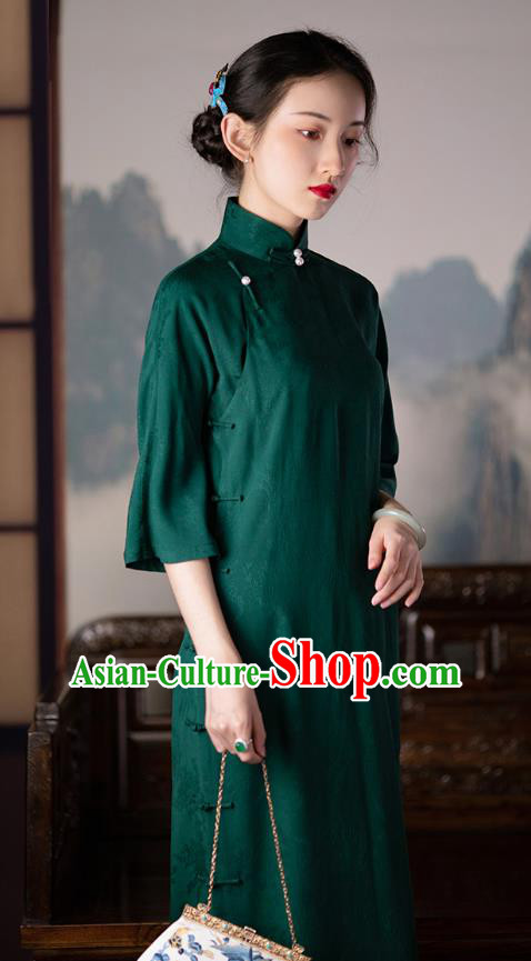 Republic of China Deep Green Qipao Dress Traditional Costume National Silk Cheongsam