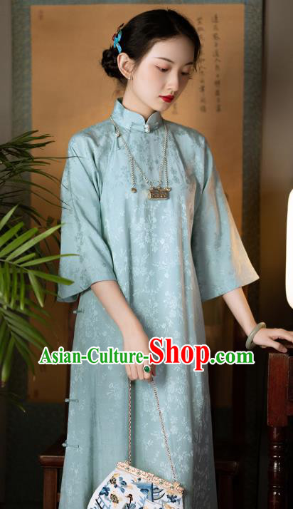 Chinese National Cheongsam Traditional Costume Republic of China Light Blue Silk Qipao Dress