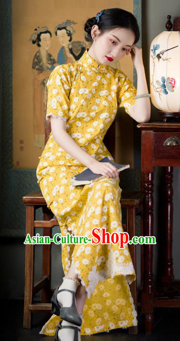 Chinese Classical Daity Pattern Yellow Qipao Dress China Traditional National Cheongsam Costume