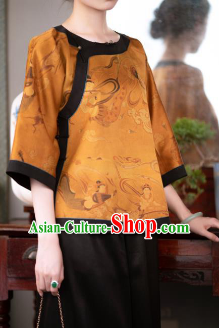 Chinese Yellow Silk Blouse Traditional National Shirt Clothing Tang Suit Upper Outer Garment for Women