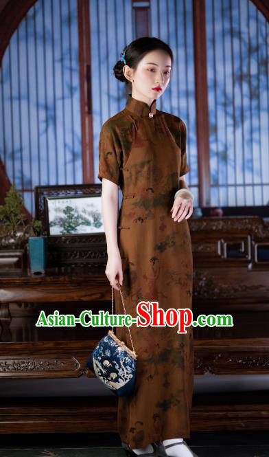 Chinese Classical Beauty Pattern Ginger Silk Qipao Dress Costume Traditional National Women Cheongsam