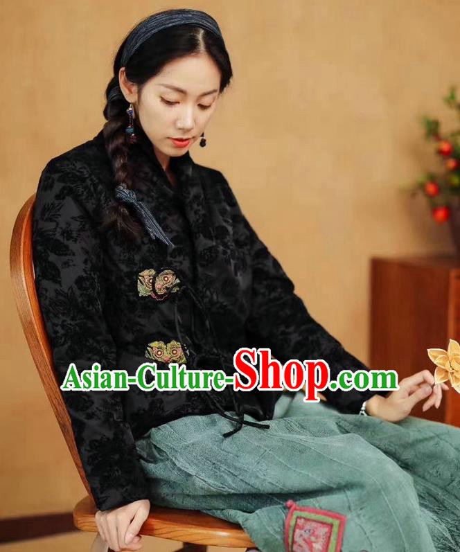 China Tang Suit Outer Garment Costume National Women Winter Jacket Traditional Black Flocking Coat