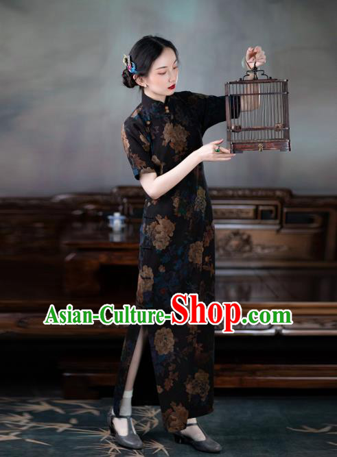 Asian Classical Cheongsam Republic of China Traditional Black Silk Qipao Dress National Costume