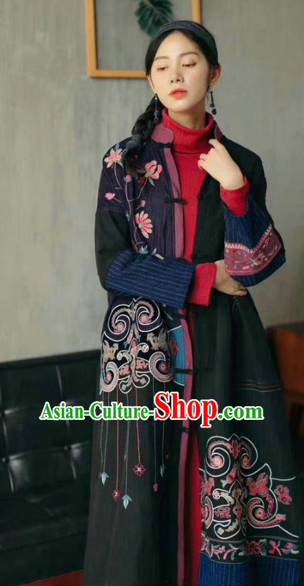 China National Women Black Flax Overcoat Traditional Winter Costume Tang Suit Embroidered Dust Coat