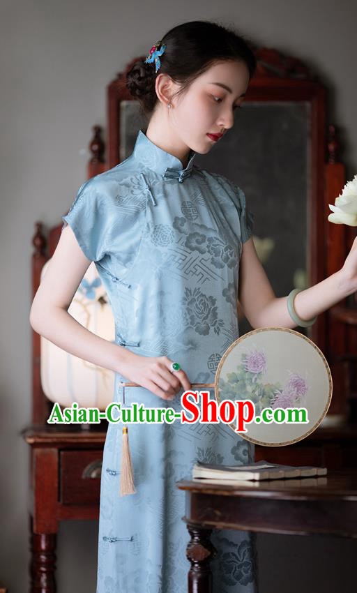 Chinese Traditional Peony Pattern Cheongsam National Women Costume Classical Light Blue Silk Qipao Dress