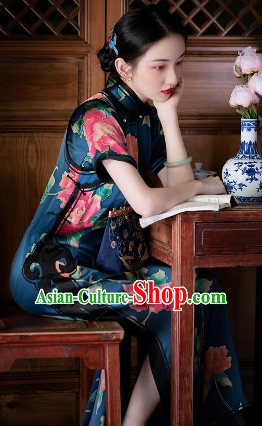 Chinese Classical Qipao Dress National Women Costume Traditional Deep Blue Silk Cheongsam