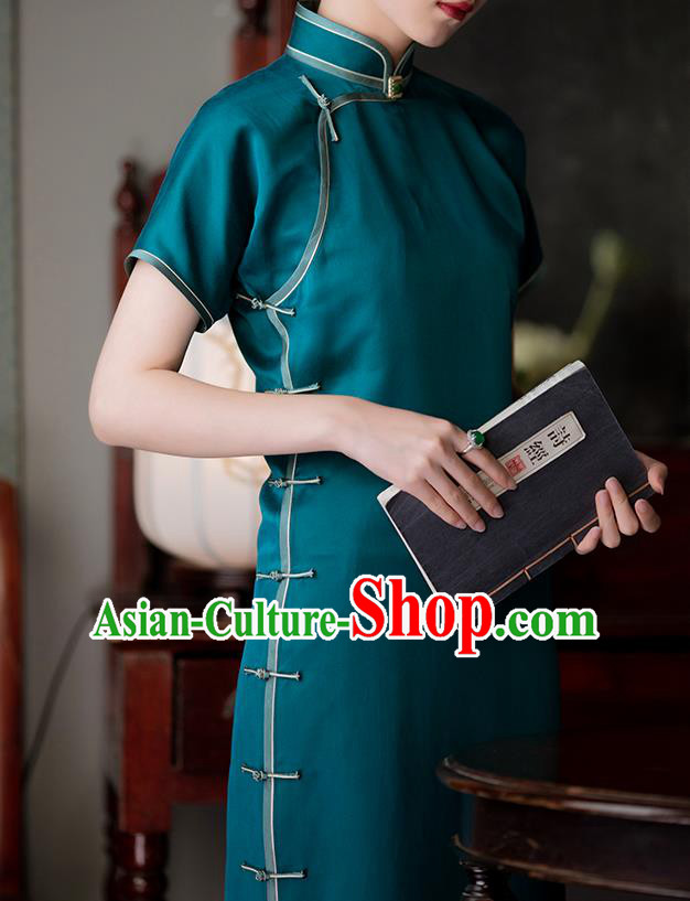 Chinese Blue Silk Qipao Dress National Women Costume Traditional Classical Cheongsam