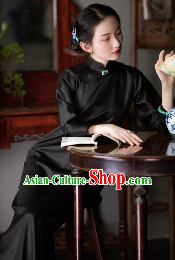 Chinese Traditional Classical Black Silk Qipao Dress National Women Costume Long Sleeve Cheongsam