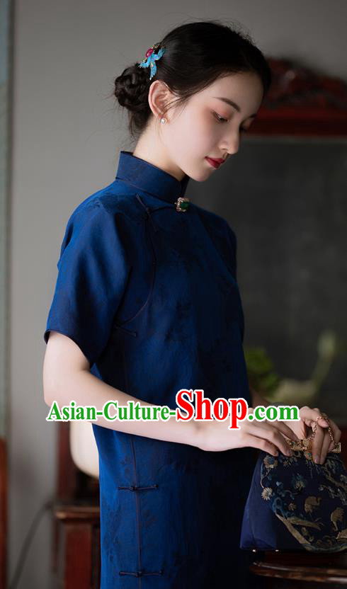 Chinese Traditional Cheongsam National Women Costume Classical Deep Blue Silk Qipao Dress