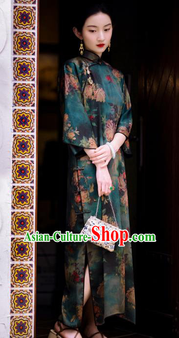 Chinese Traditional Peony Pattern Green Cheongsam National Women Costume Classical Silk Qipao Dress