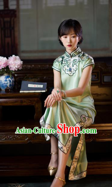 Chinese Traditional Light Green Silk Cheongsam National Women Costume Classical Embroidered Qipao Dress