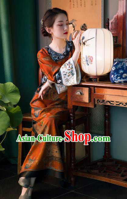 Chinese Traditional Embroidered Red Silk Qipao Dress National Women Classical Costume Wide Sleeve Cheongsam