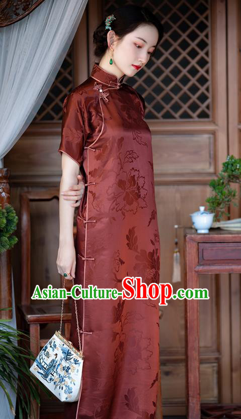 Chinese Traditional Peony Pattern Dark Red Qipao Dress National Women Costume Classical Silk Cheongsam