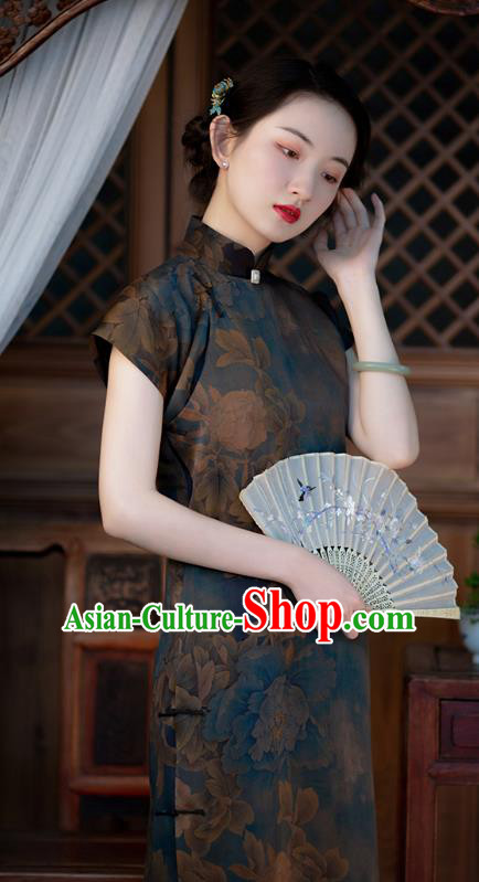 Chinese Classical Peony Pattern Navy Silk Cheongsam Traditional Qipao Costume National Women Dress